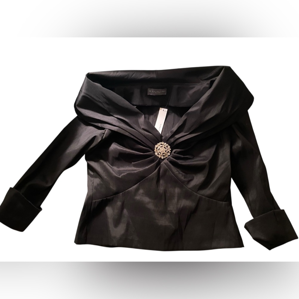 KM COLLECTION OFF SHOULDER FORMAL BLOUSE WITH CRYSTAL BROOCH BLACK L